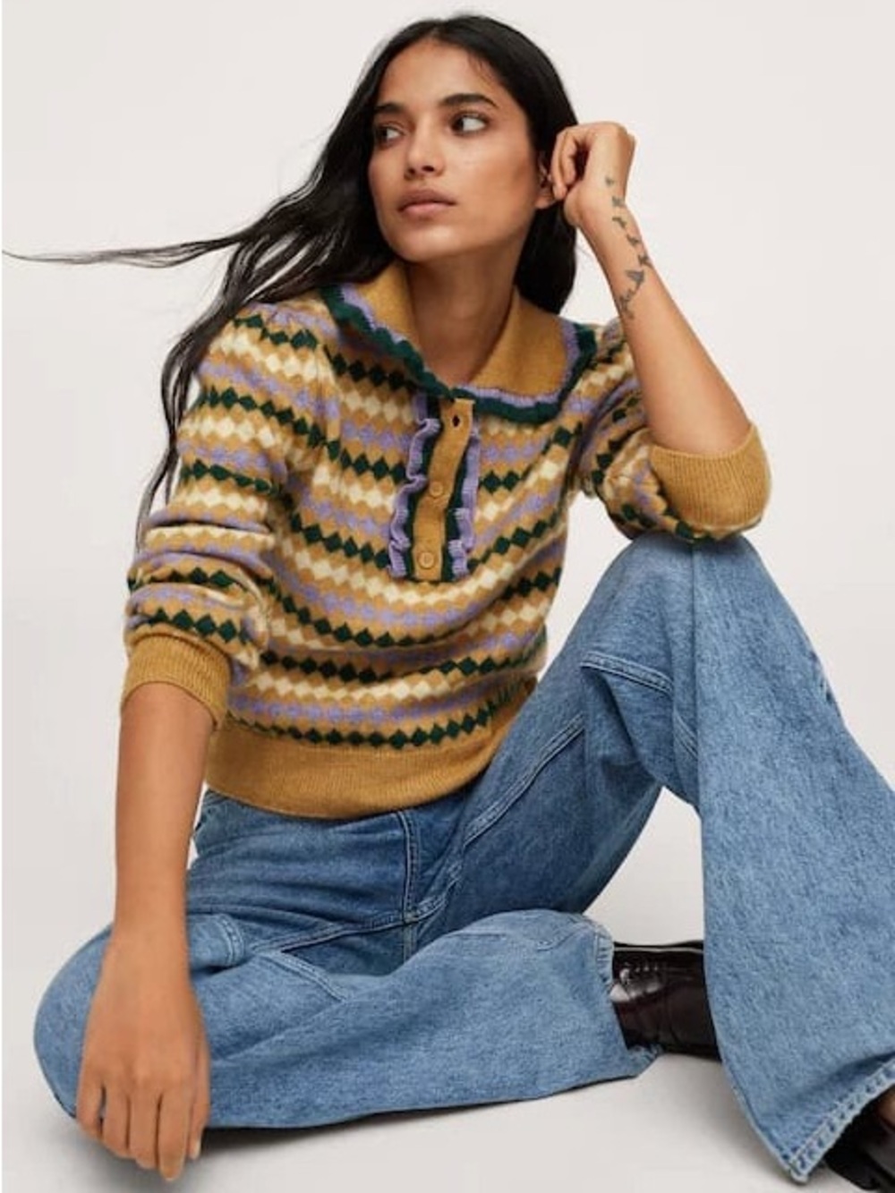 MANGO Arlequin Geometric Pattern Ruffle Detail Polo Sweater size Xl